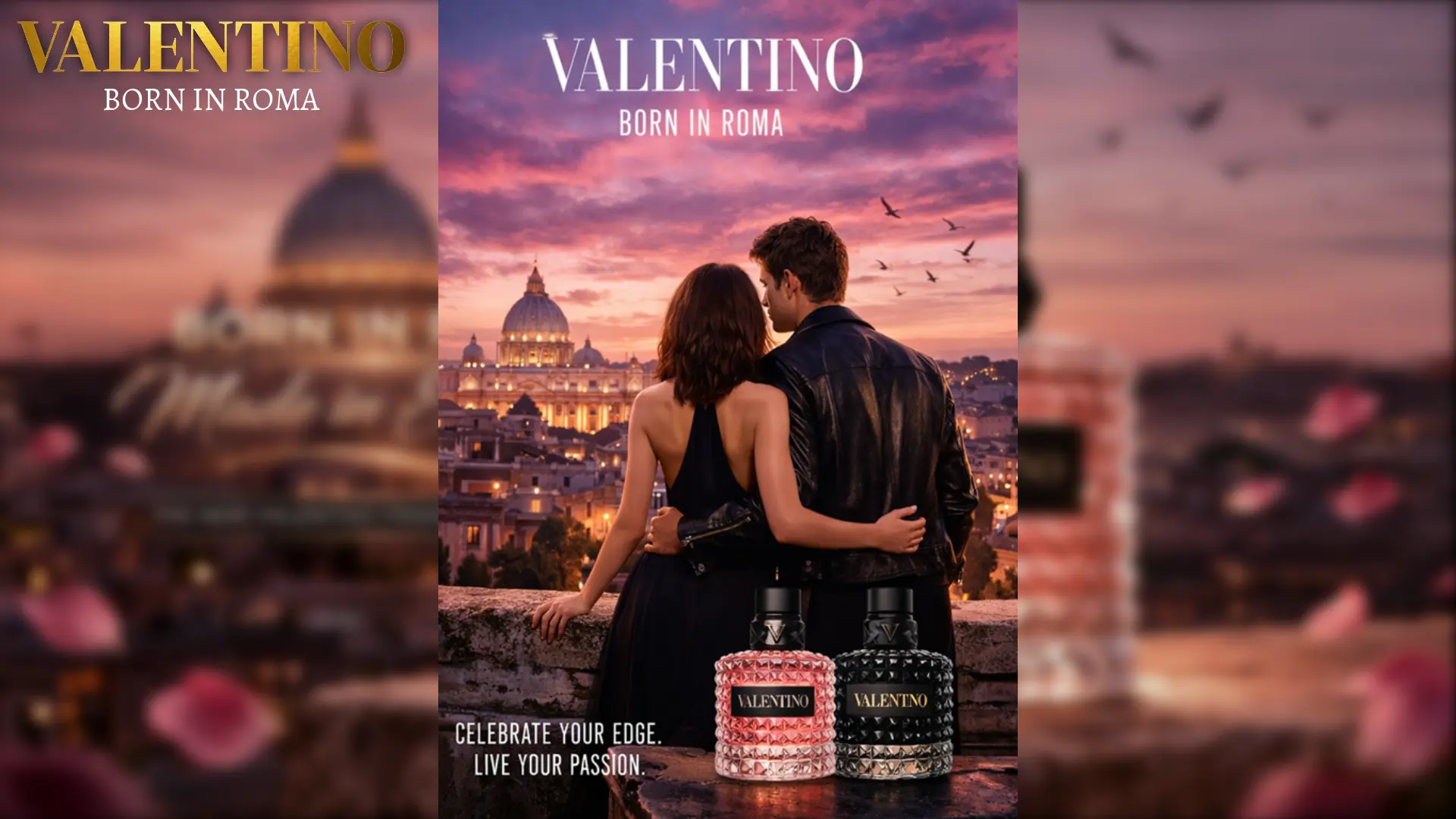 Valentino Born in Roma – Eau de Parfum bottle against the Rome skyline at dusk