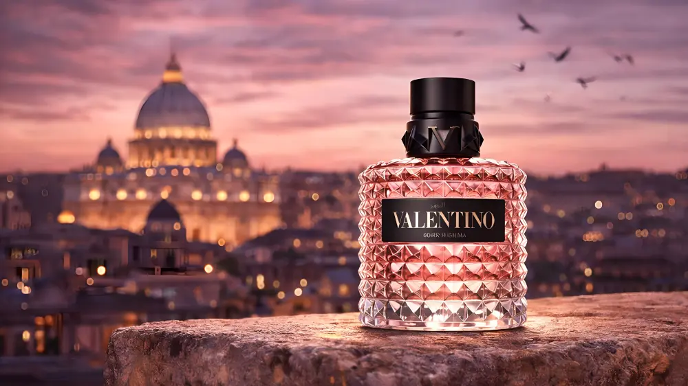 Valentino Born in Roma – Eau de Parfum bottle against the Rome skyline at dusk